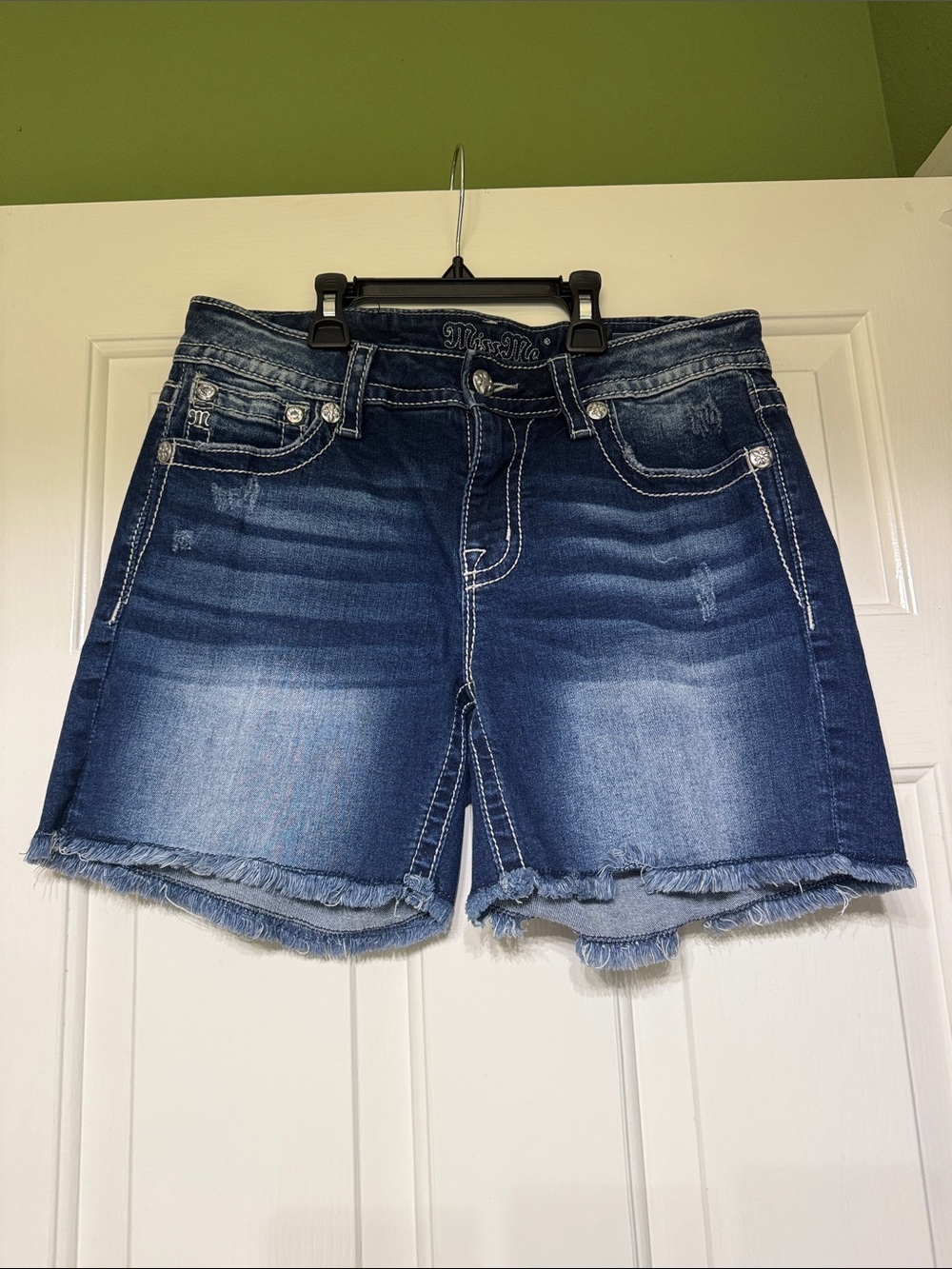 Miss Me Frayed Hem Denim Shorts with Embroidered and Jeweled Back Pocket